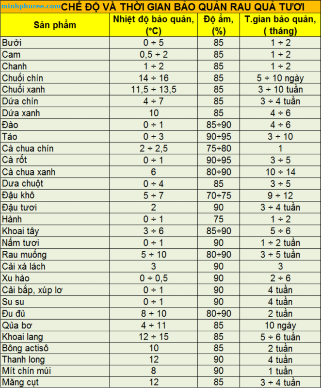 nhiệt độ bảo quản rau quả trong kho lạnh 